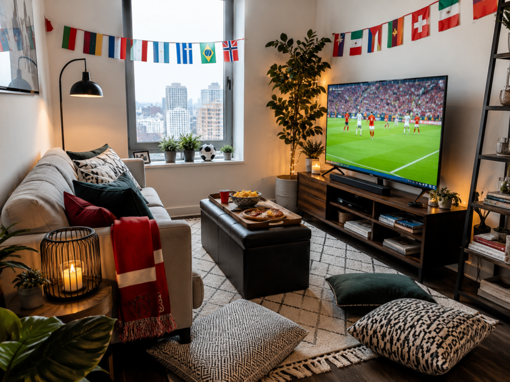 Small apartment World Cup watch party setup