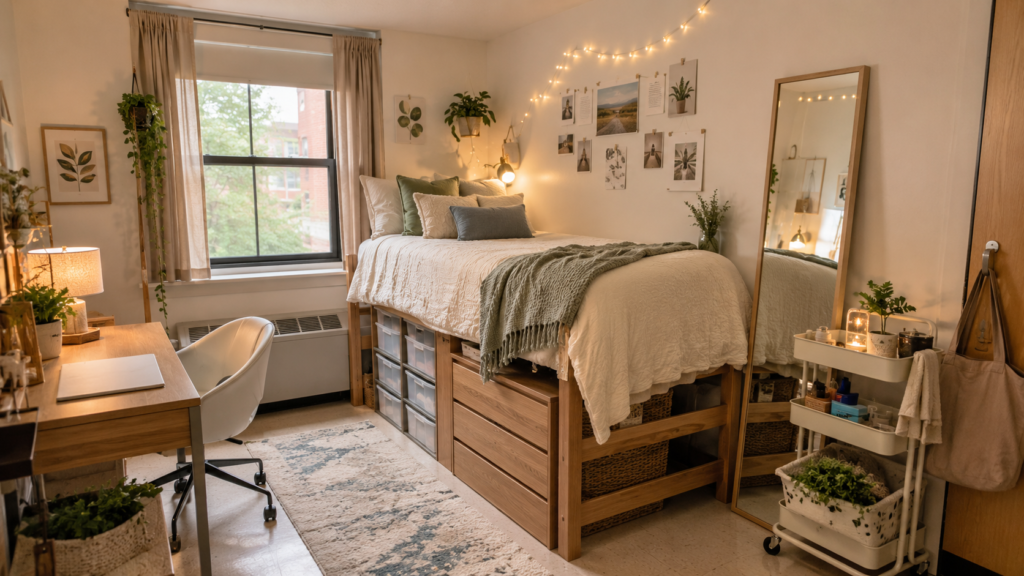 Dorm room under-bed storage ideas with clear bins, drawers, woven baskets, cozy bedding, and organized small-space decor.