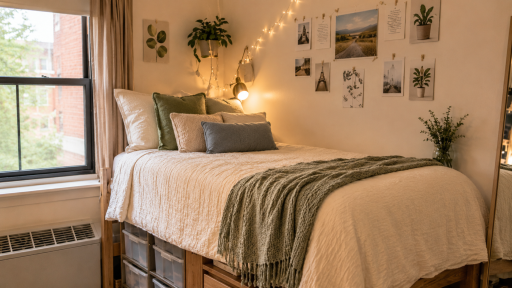 Cozy Twin XL bedding set with layered pillows, cream quilt, green throw blanket, and warm dorm room lighting.