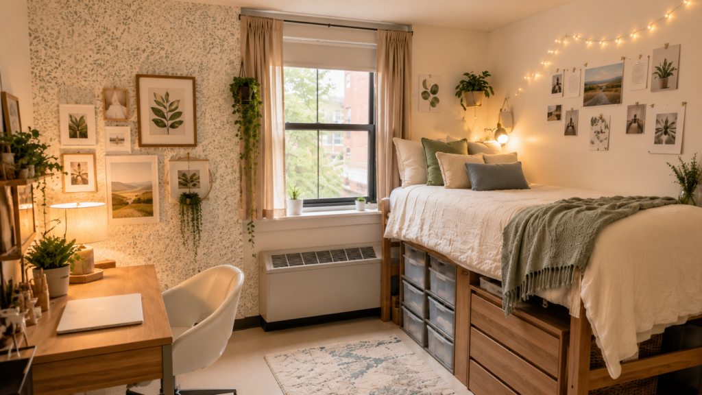 No-damage dorm wall decor with peel-and-stick wallpaper, gallery wall prints, plants, warm lighting, and cozy college room style.