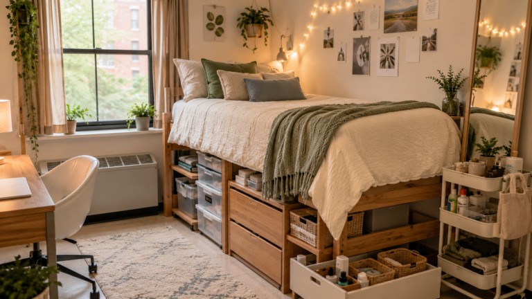 Dorm room decor ideas 2026 with cozy bedding, warm lighting, under-bed storage, wall art, and renter-friendly college room decor.