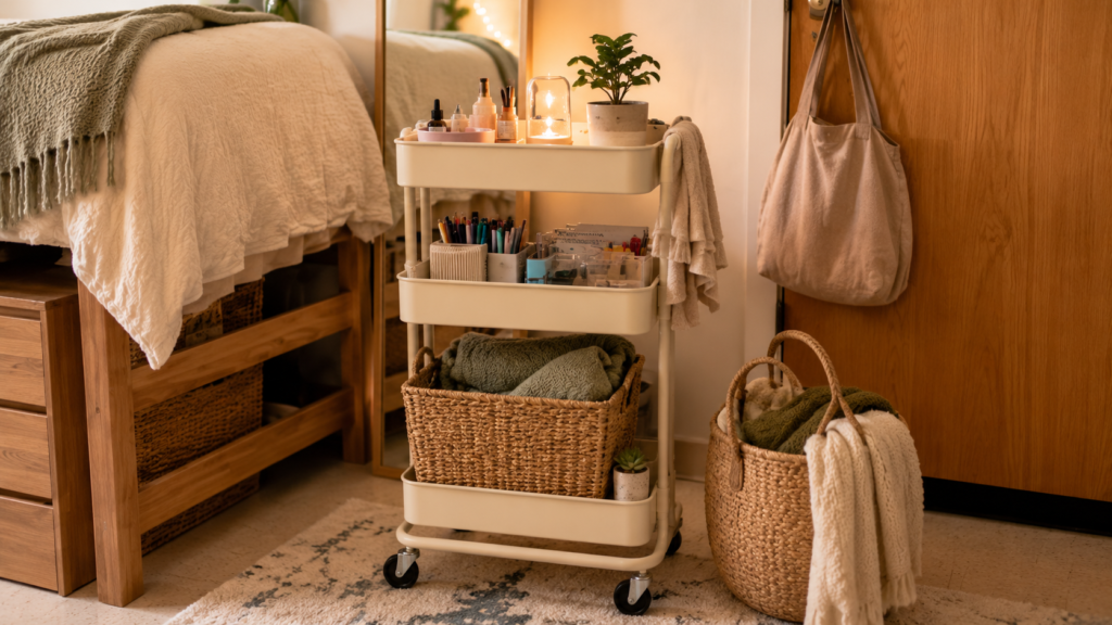 Dorm room rolling cart with storage baskets, study supplies, beauty products, plants, and cozy small-space organization.