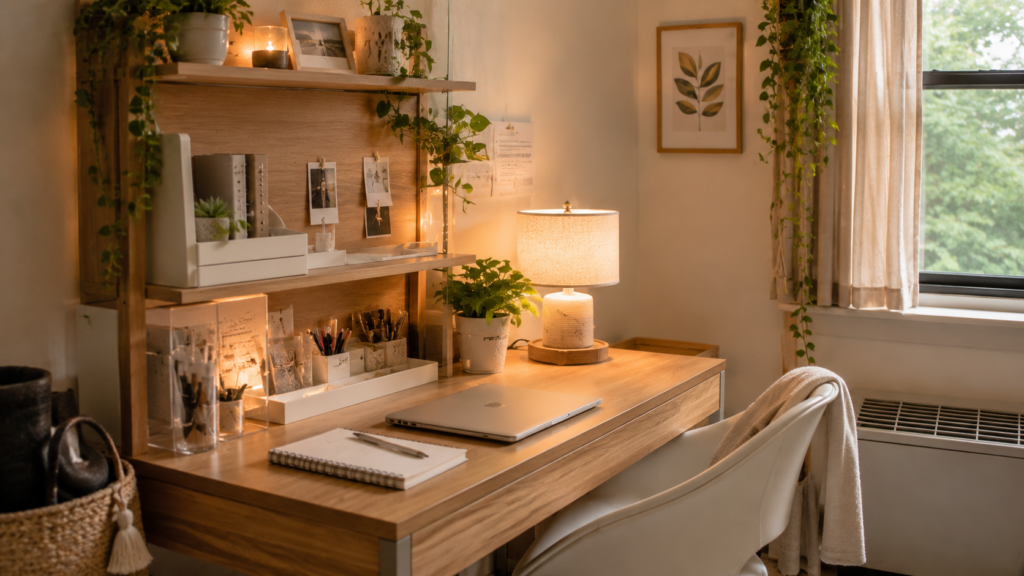 Cute dorm desk setup with desk lamp, shelf organizer, laptop, stationery, plants, and cozy study corner decor.