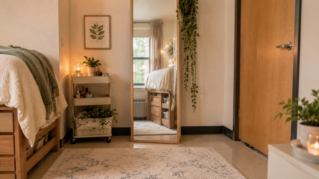 Dorm room rug and full-length mirror ideas with warm lighting, plants, neutral decor, and cozy small-space styling.