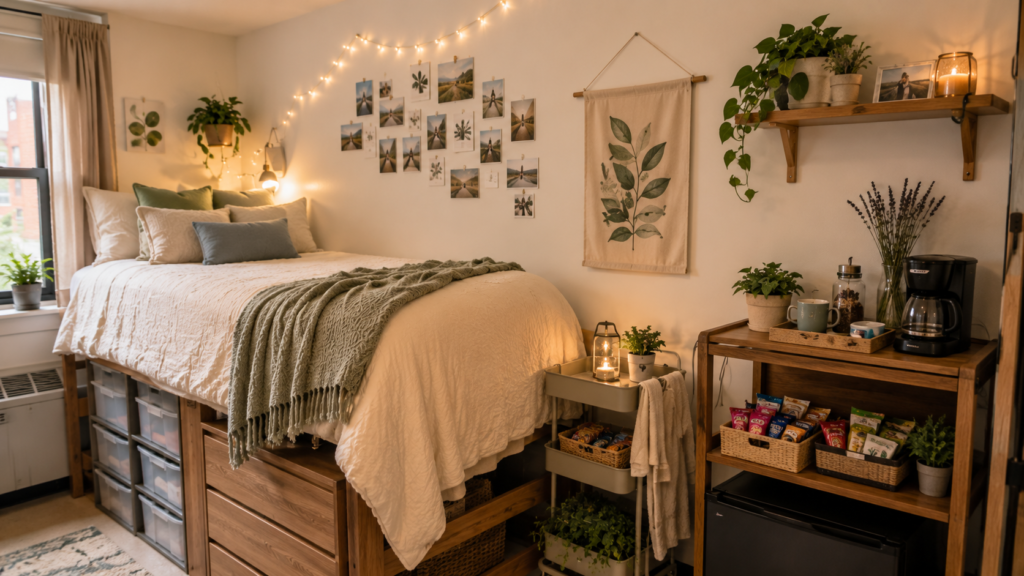 Dorm room coffee and snack station with personal photo wall, faux plants, tapestry, warm lighting, and cozy college decor.