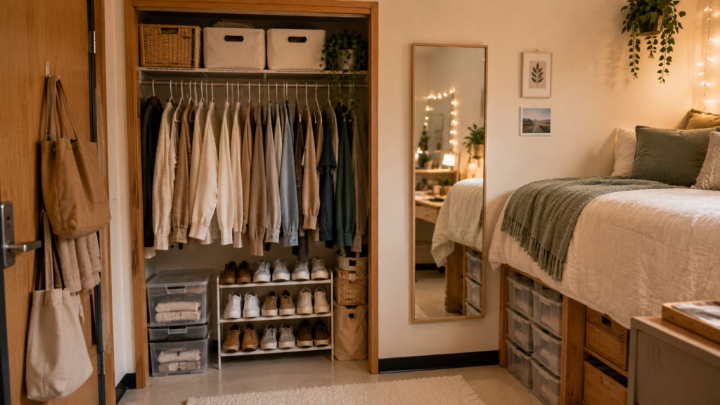 Organized dorm closet with slim hangers, storage bins, shoe rack, neutral clothes, mirror, and cozy college room decor.