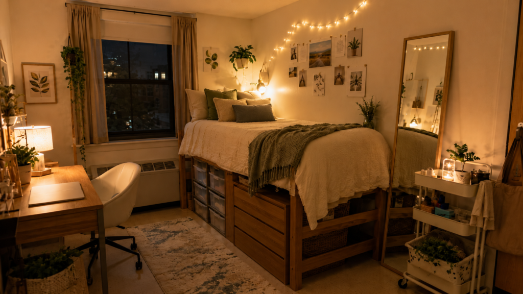 Warm dorm room lighting ideas with fairy lights, bedside lamp, desk lamp, cozy bedding, and soft ambient glow.