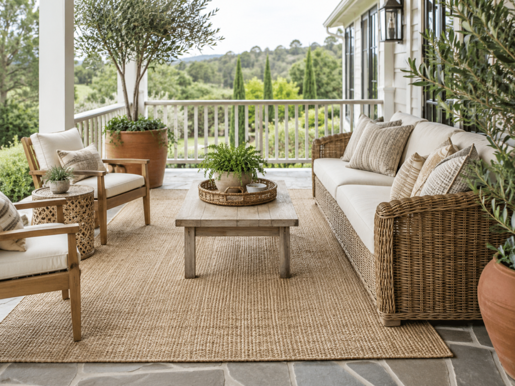 17 Best Outdoor Rugs Under $100 for Patios and Decks 5 neutral jute look outdoor rug for a covered porch