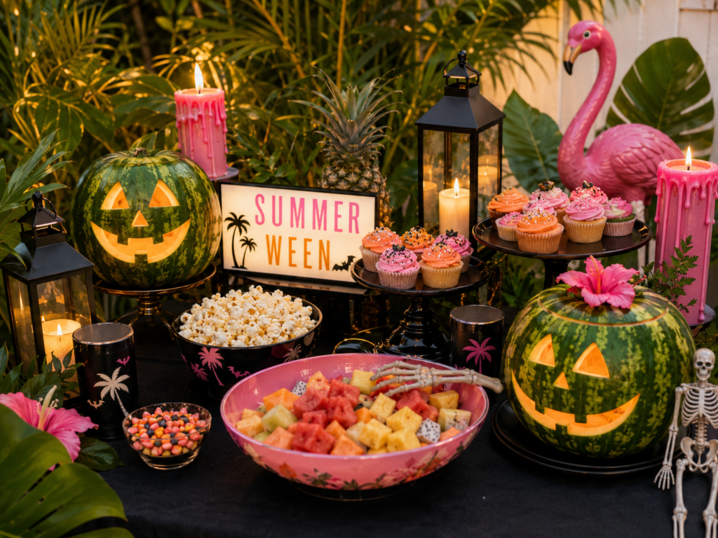 Summerween snack table with jack-o-melons and colorful cupcakes