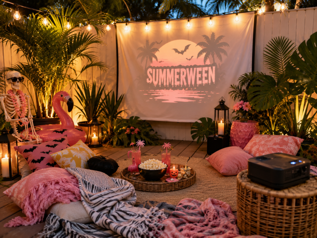 outdoor Summerween movie night with tropical Halloween decor