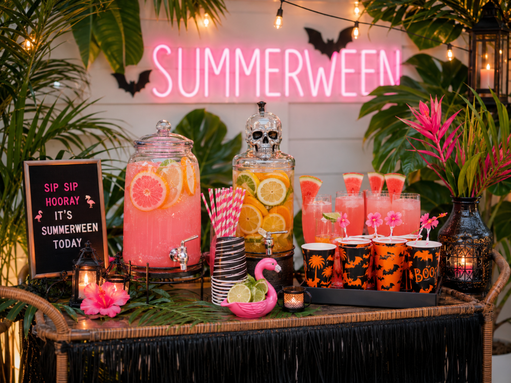 Summerween drink station with pink lemonade and Halloween cups