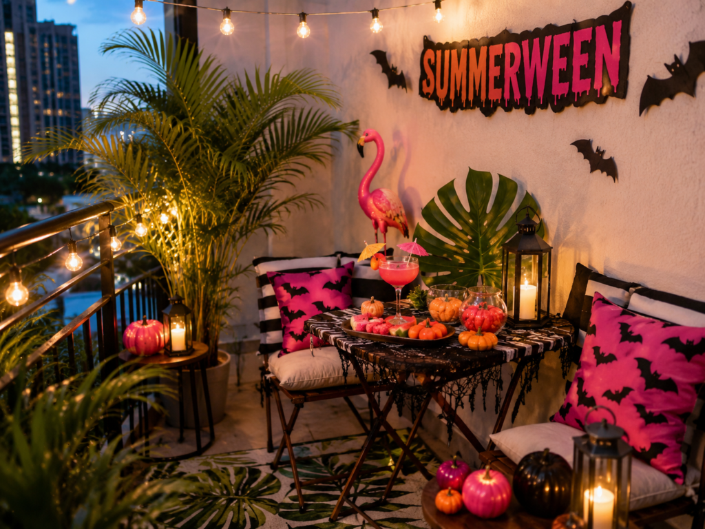 small apartment balcony with pink Summerween decorations