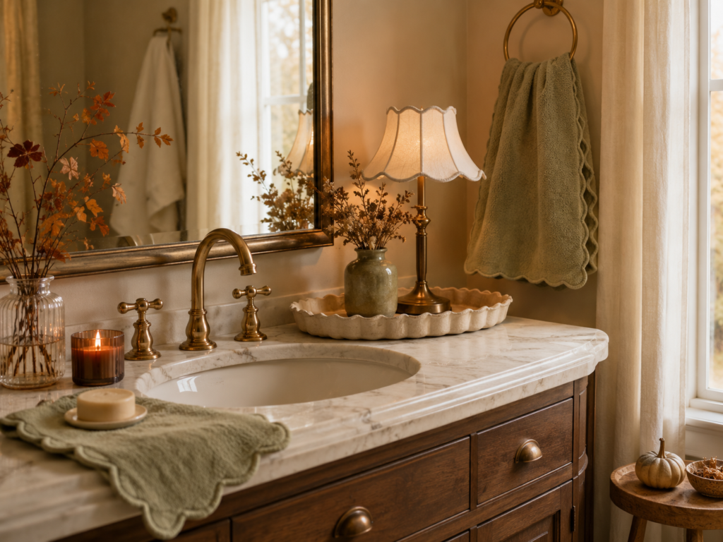 scalloped bathroom towels and decor for fall