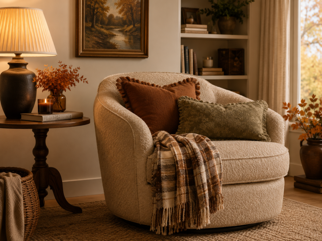cozy chenille swivel chair with autumn pillows and plaid blanket