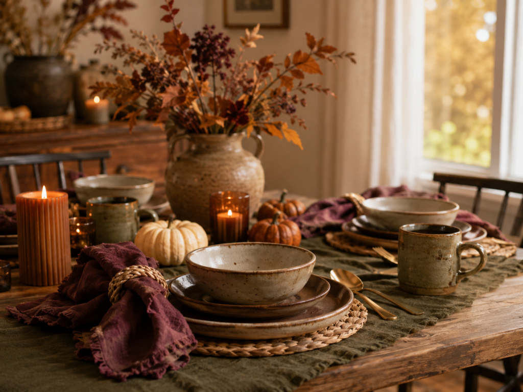 earthy stoneware table setting with warm fall decor