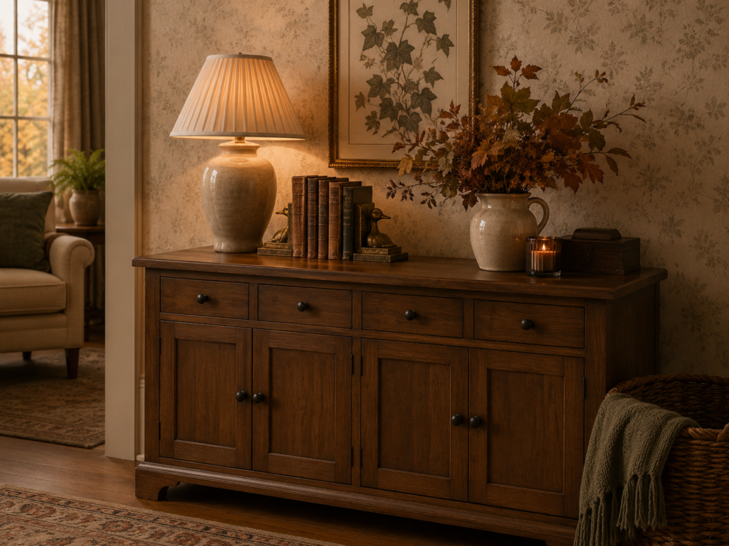 warm wood cabinet with vintage decor and botanical fall accents