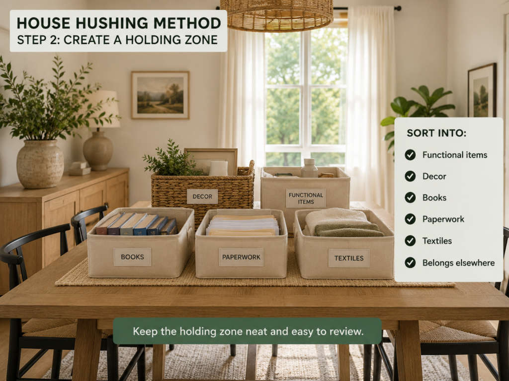 House Hushing Decluttering Method: 21 Powerful Steps for a Calm Home 3 organized holding zone for the house hushing decluttering method