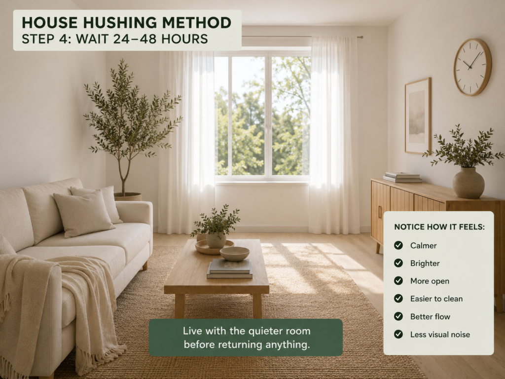 House Hushing Decluttering Method: 21 Powerful Steps for a Calm Home 6 quiet living room during the 24 to 48 hour house hushing reset