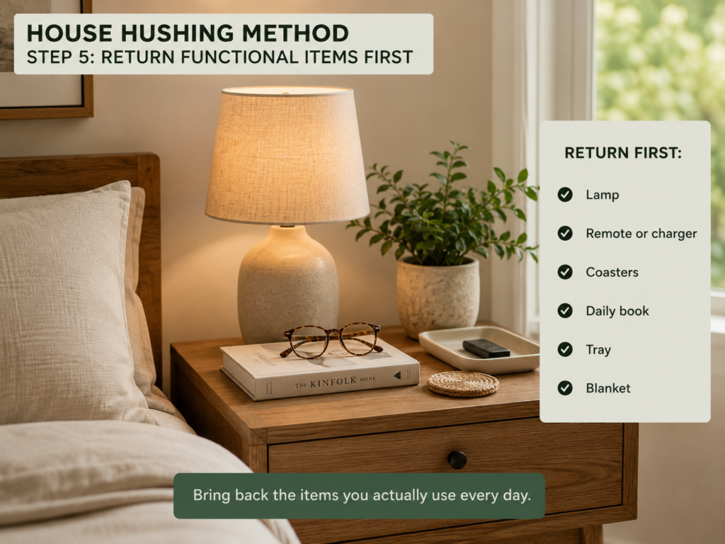 House Hushing Decluttering Method: 21 Powerful Steps for a Calm Home 7 returning functional items after house hushing a bedroom