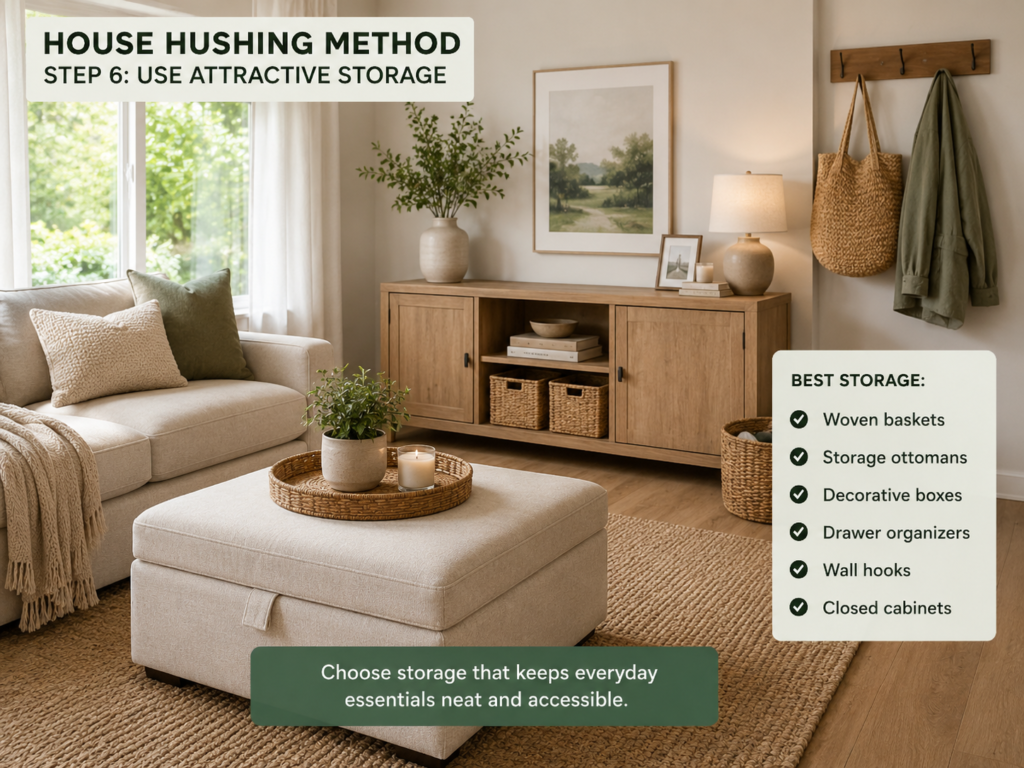 House Hushing Decluttering Method: 21 Powerful Steps for a Calm Home 8 attractive storage baskets and cabinets for a clutter-free living room