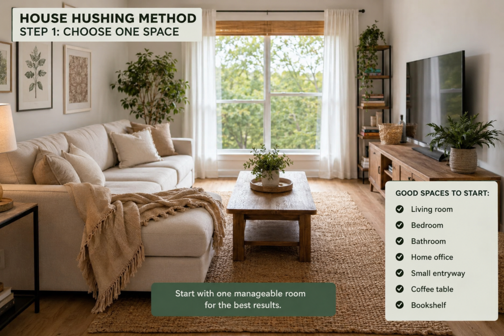 House Hushing Decluttering Method: 21 Powerful Steps for a Calm Home 2 house hushing method in a calm clutter-free living room