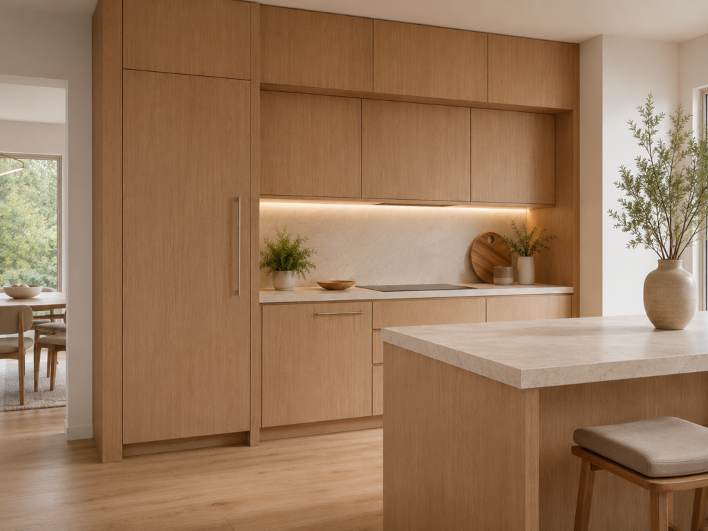 panel-ready refrigerator hidden behind seamless wood kitchen cabinets