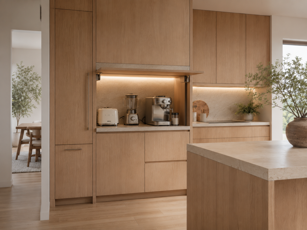 hidden kitchen appliance garage with toaster blender and coffee machine