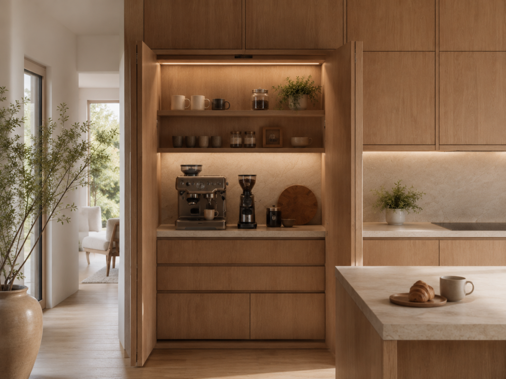 hidden coffee station behind tall wooden kitchen cabinet doors