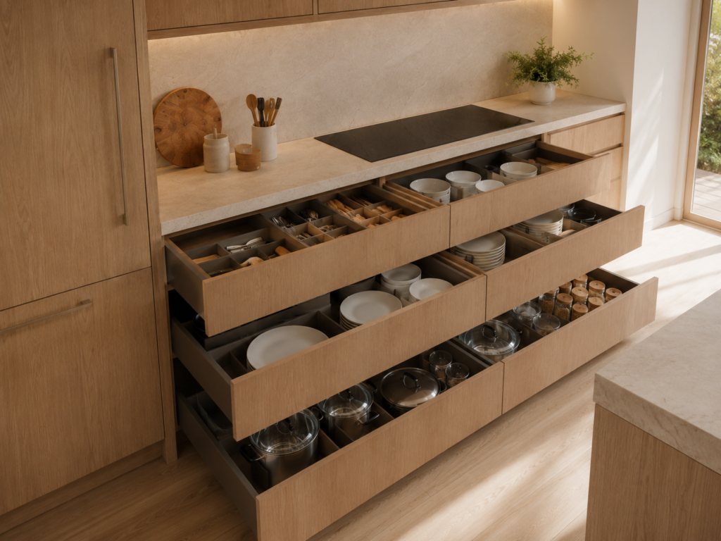organized deep kitchen drawers for cookware dishes and utensils