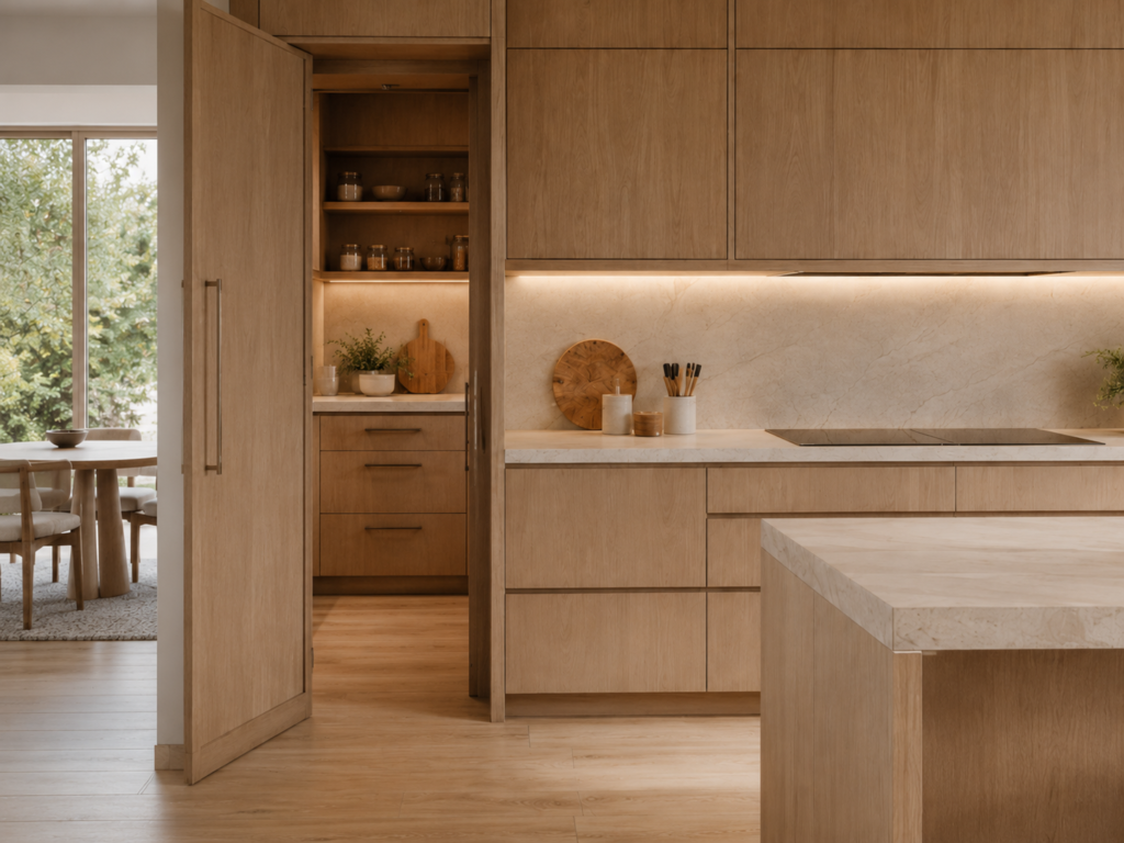 concealed pantry door integrated into seamless wood kitchen cabinetry