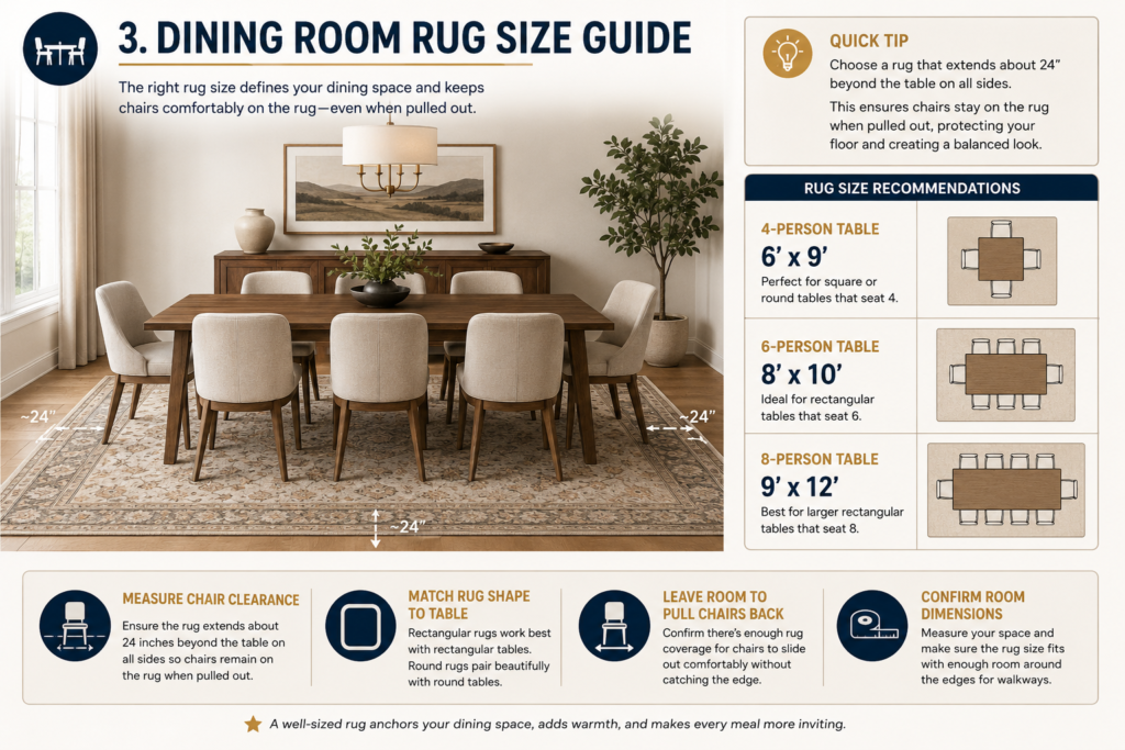 dining room rug size guide for 4 person 6 person and 8 person tables