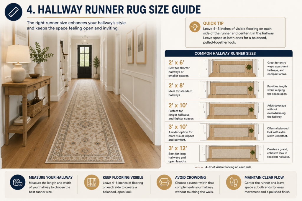 hallway runner rug size guide showing common runner sizes and placement
