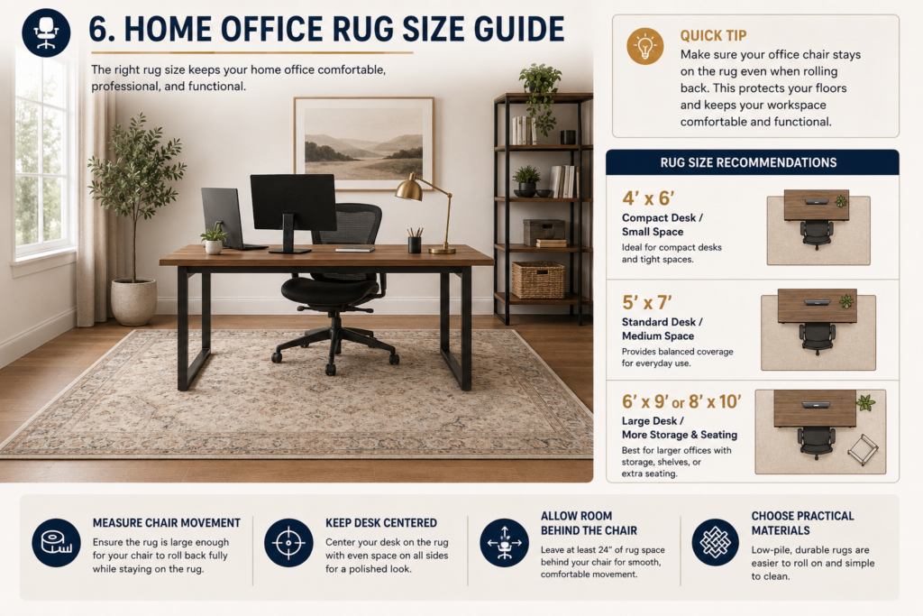 home office rug size guide for compact medium and large desk layouts