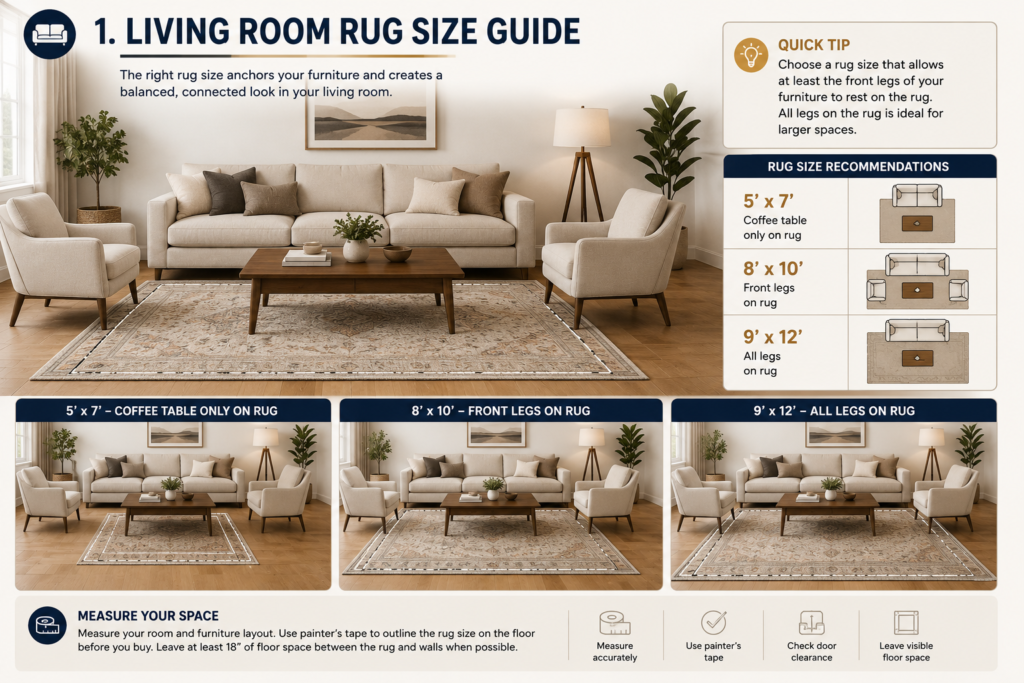 living room rug size guide showing 5x7 8x10 and 9x12 rug placement