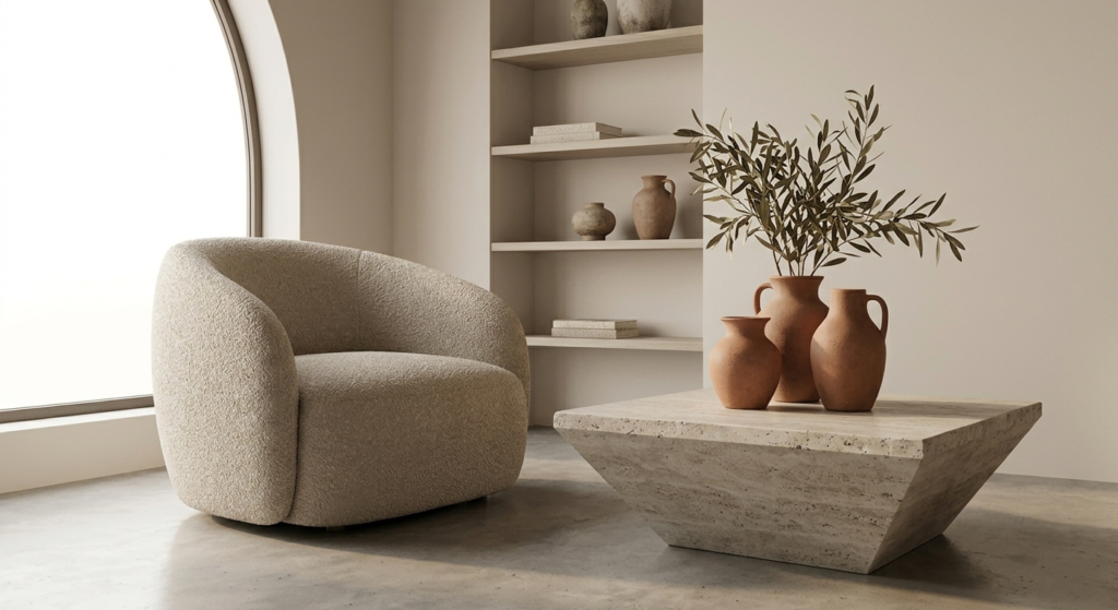 A detailed medium close-up shot focusing on contrasting textures in an 'Earthy Modern' environment. A soft, curved boucle accent chair (similar texture to image_0.png) is positioned next to an angular honed stone end table. The table holds matte, porous clay ceramic vases holding dried olive branches, bathed in soft afternoon light near a rounded arch window.