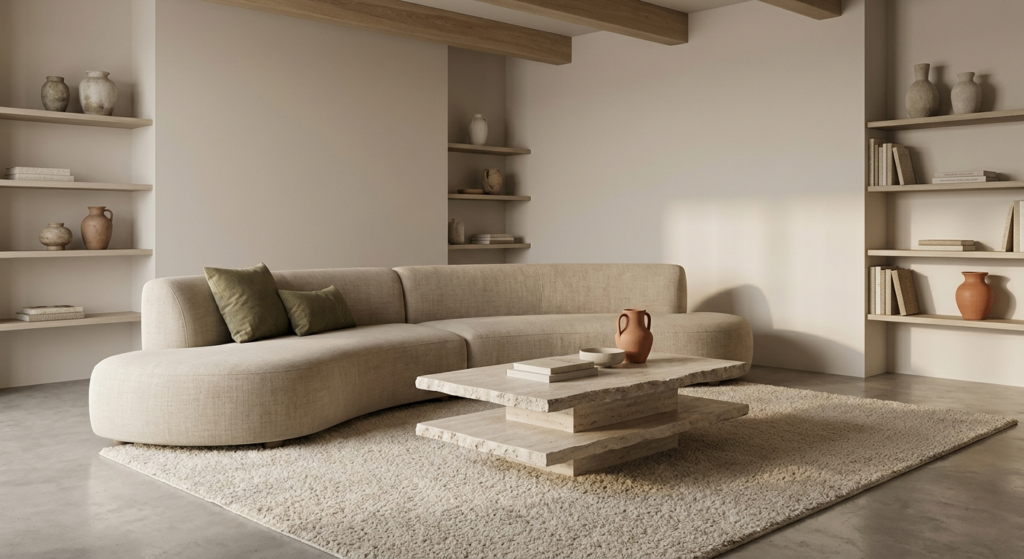 A wide, sunlit overall view of an 'Earthy Modern' living room (Summer 2026 trend). The scene features a large, low-profile curved linen sofa and a multi-tiered honed travertine stone coffee table (replicating image_agent_tag_4538216462424781548's texture) on a neutral wool rug. The color palette emphasizes layers of mushroom, beige, and sand, accented by muted olive green and warm clay terracotta.