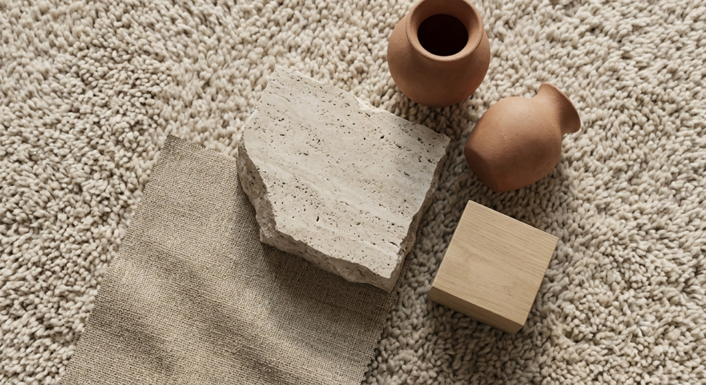 An extreme top-down, macro material study flat lay arranged on a high-pile neutral wool rug sample (from image_0.png). It shows raw texture samples: a rough, unpolished fragment of honed travertine stone, a swatch of the textured flax-colored linen fabric used on the sofa in image_0.png, a smooth unbleached oak block, and matte unglazed terracotta clay ceramics.