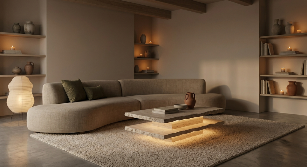 A wide-angle dusk perspective replicating the exact layout of image_0.png, transformed by low-level, ambient amber light. Multiple sources, including a sculptural paper lantern and an integrated warm LED underglow beneath the specific honed travertine coffee table from image_0.png, illuminate the curved linen sofa. The atmosphere is cozy and grounded, emphasizing the raw textures in the dim light.