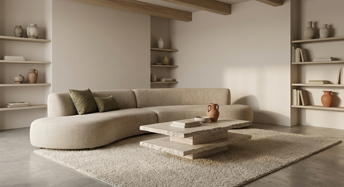 A wide, sunlit overall view of an 'Earthy Modern' living room (Summer 2026 trend). The scene features a large, low-profile curved linen sofa and a multi-tiered honed travertine stone coffee table (replicating image_agent_tag_4538216462424781548's texture) on a neutral wool rug. The color palette emphasizes layers of mushroom, beige, and sand, accented by muted olive green and warm clay terracotta.